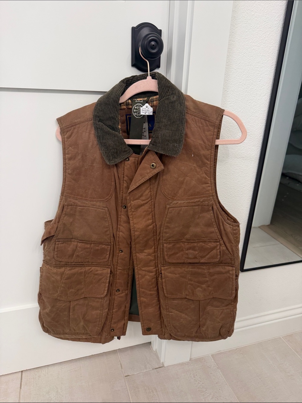 Men's Brown Quilted Cotton-Canvas Vest with Corduroy Collar